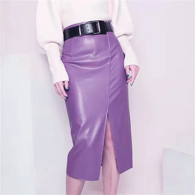 Black Real Sheepskin Skirt Elegant Office Ladies Sexy High Waist Split Bodycon Skirts Fashion Genuine Leather Over Knee Skirts