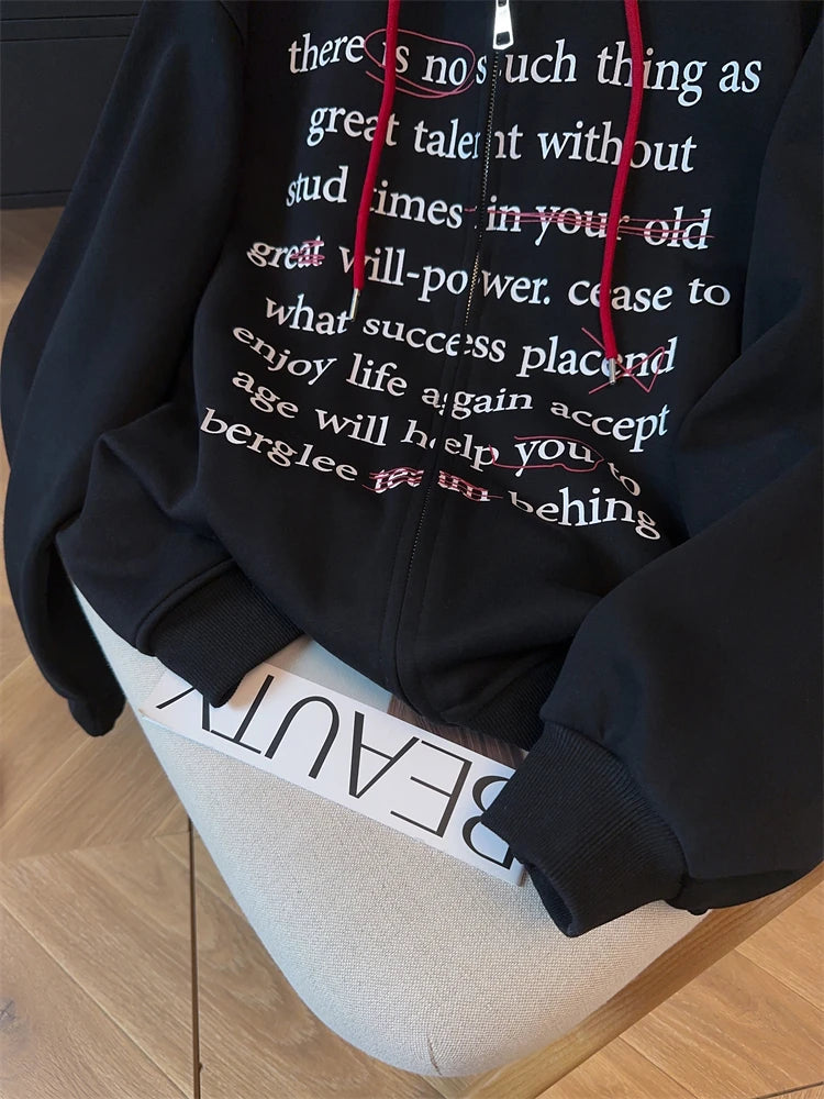 Black Women Sweatshirt Coat Hooded Vintage Long Sleeve Korean Fashion Casual Y2K Style 2024 Autumn NEW Female Solid Black Tops