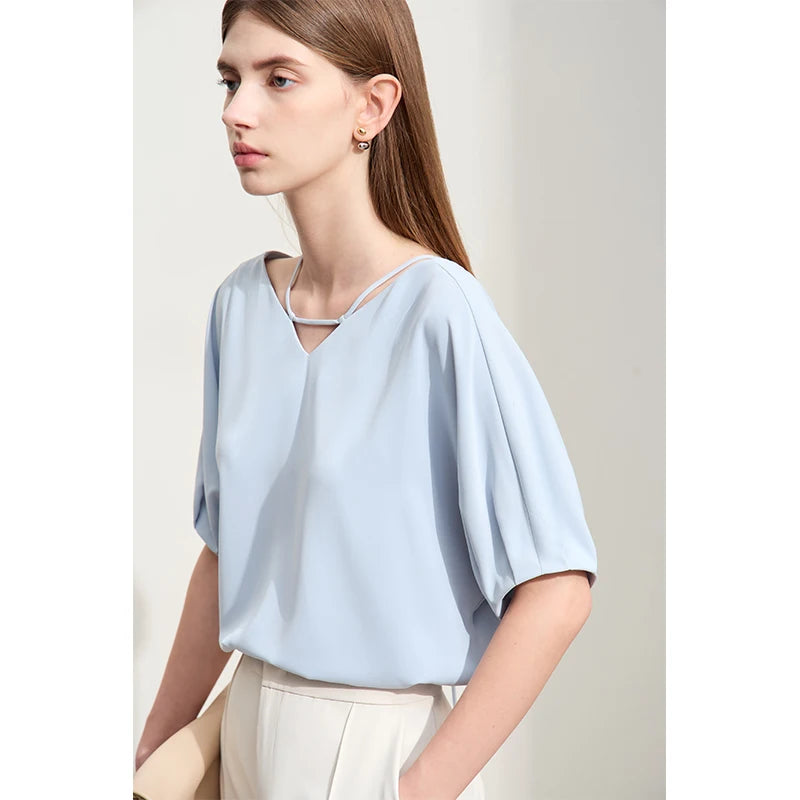 AMII Minimalism Women’s Loose Silk V-Neck Blouse – Drop Sleeve Casual Chiffon Top for Summer 2025