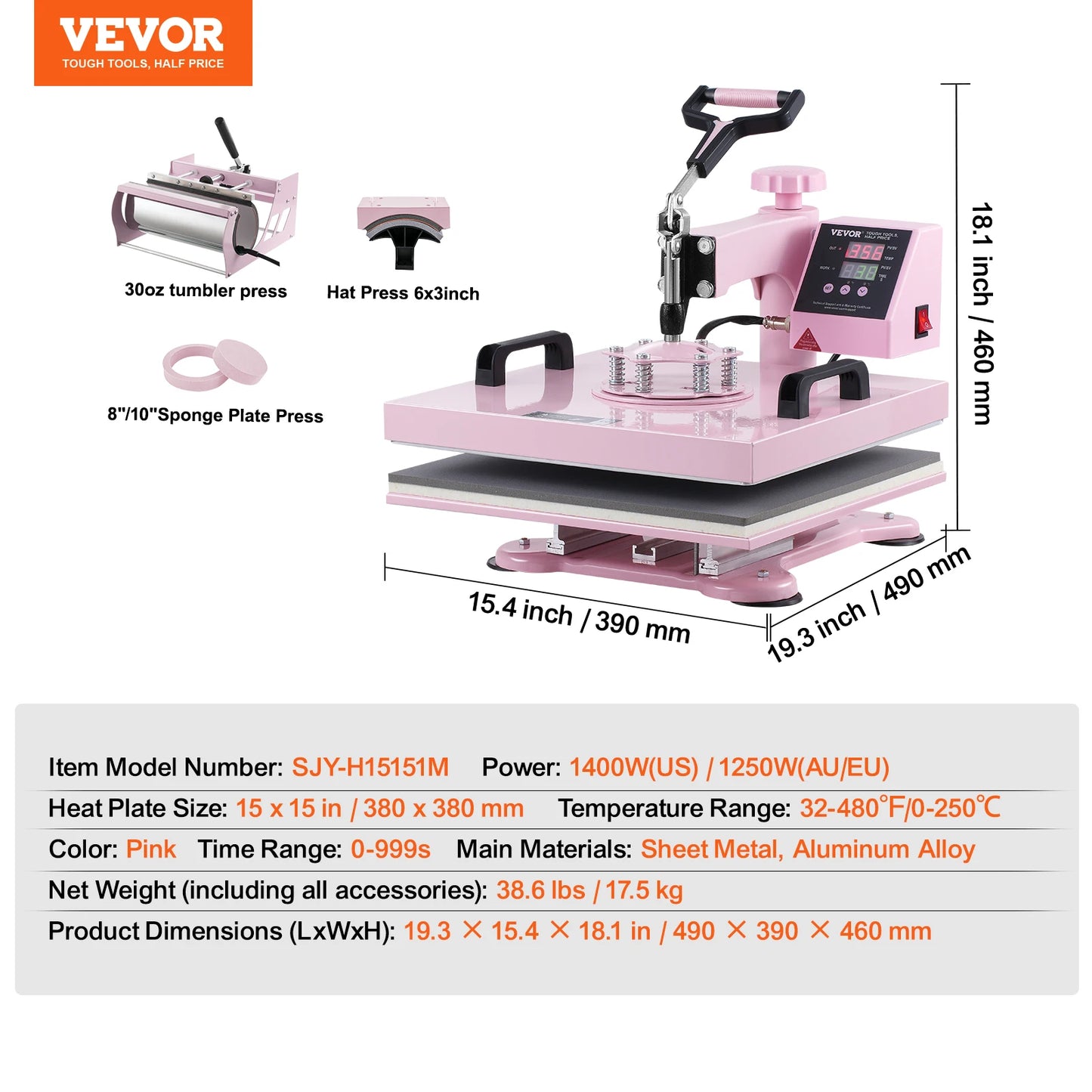 SucceBuy Heat Press Machine 12x15 inch  8 in 1 Heat Transfer Machine 360° Swing Away T-Shirt for T-Shirts/Mugs/Hats/Plates Pink