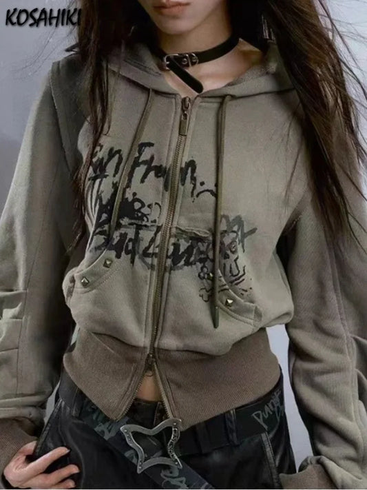 Harajuku Zipper Hoodies Loose Grunge Crop Casual Fashion All Match Streetwear Women Y2k Aesthetic 2024 Vintage Print Sweatshirt