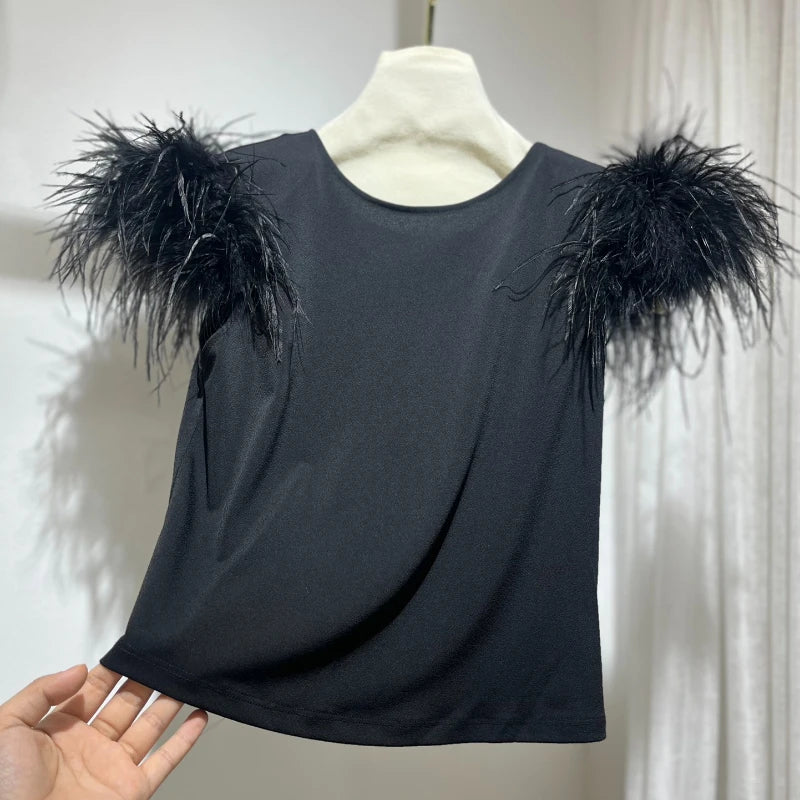 2024 New Women Fashion Clothing White Black Feather Decoration Short Sleeve O-Neck Casual High Quality Blosue Tops