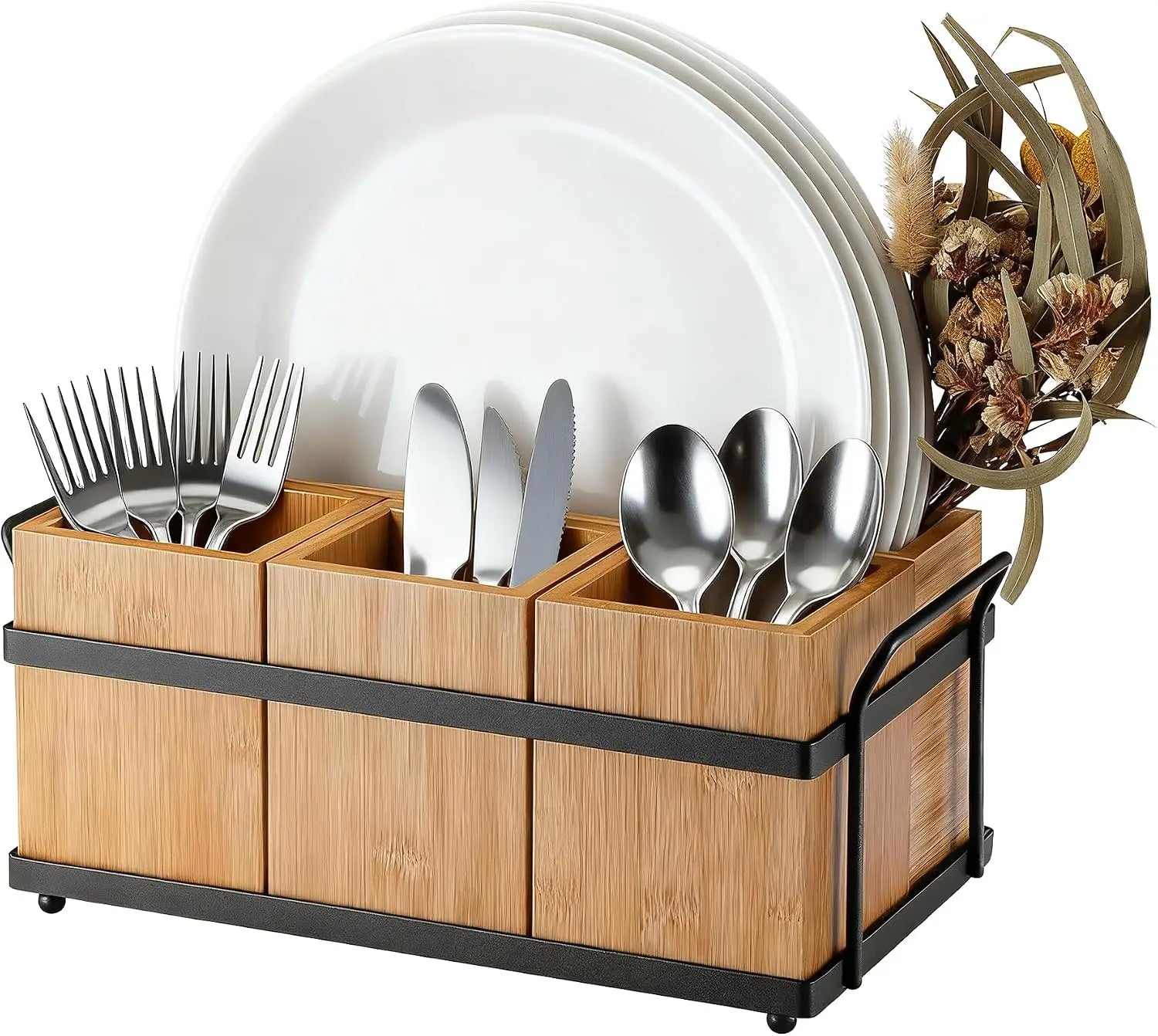 Wood Kitchen Utensil Holder with Metal Tray, Spoon & Fork Storage — product photo 2