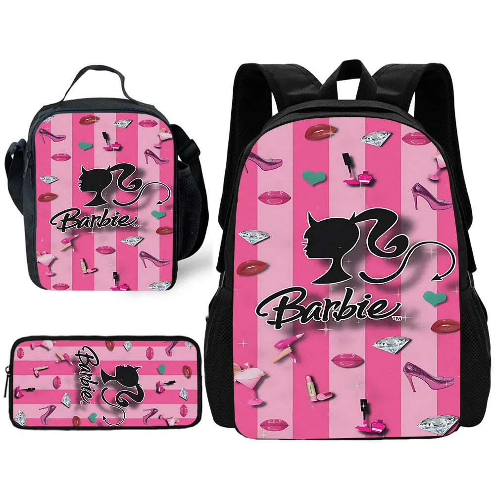 Barbie Child School Backpack with Lunch Bags ,Pencil Bags ,School Bags for Boys Girls Best Gift