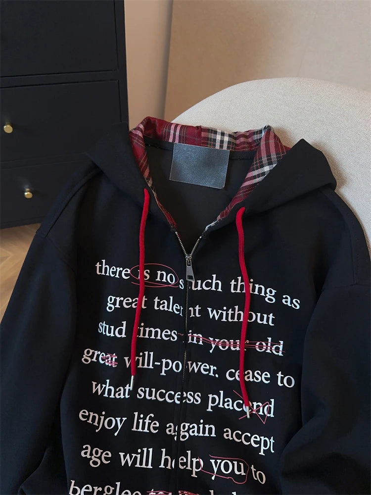 Black Women Sweatshirt Coat Hooded Vintage Long Sleeve Korean Fashion Casual Y2K Style 2024 Autumn NEW Female Solid Black Tops