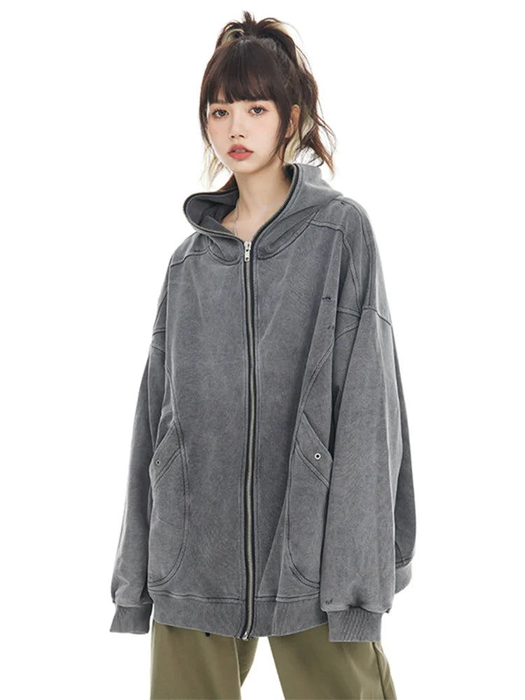 ADA girl Oversized Grey Zip Hoodie – Women’s Retro Streetwear Zipper Jacket