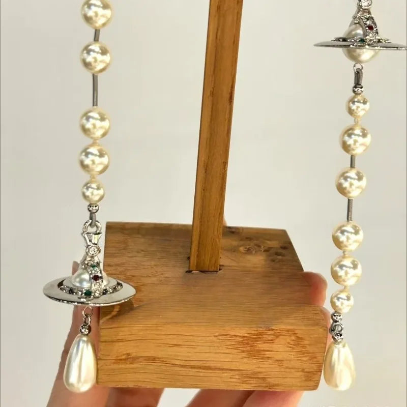 Pearl Saturn Earrings S925 Silver — Queen Retro Inverted European Drop Style — view 4 of earrings
