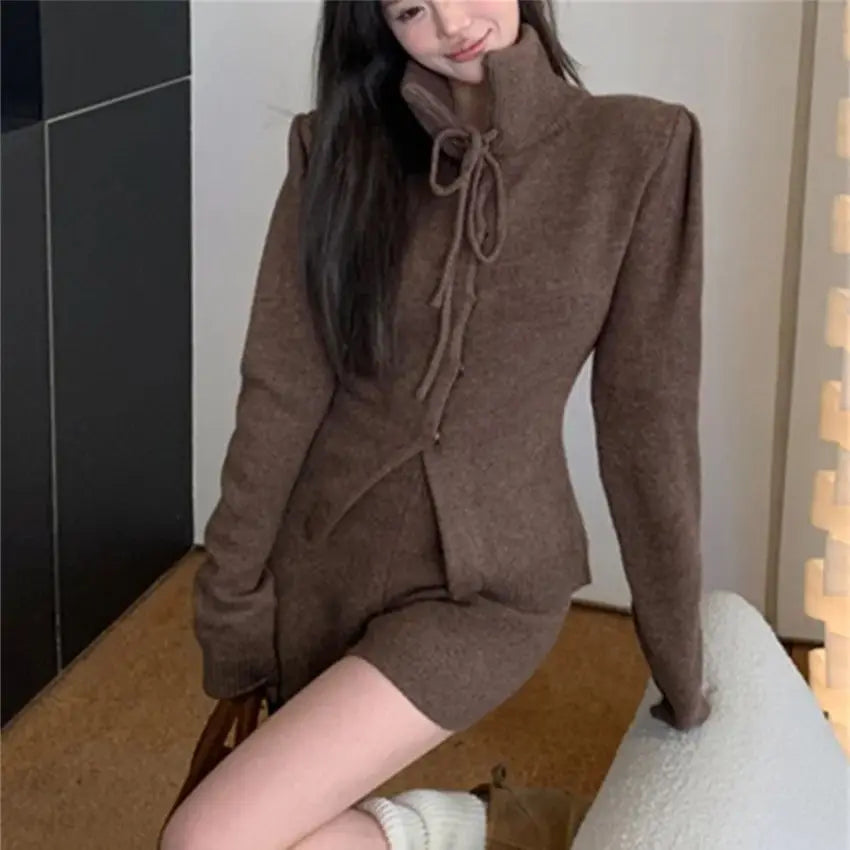 Alien Kitty Women’s Knitted Office Suit – Elegant Full Sleeve Sweater & Loose Shorts for Spring 2024