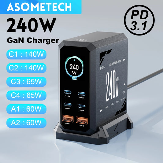 ASOMETECH 240W GaN 6-in-1 Charging Station — 140W PD3.1 Desktop MacBook Hub — view 1 of chargers & cables