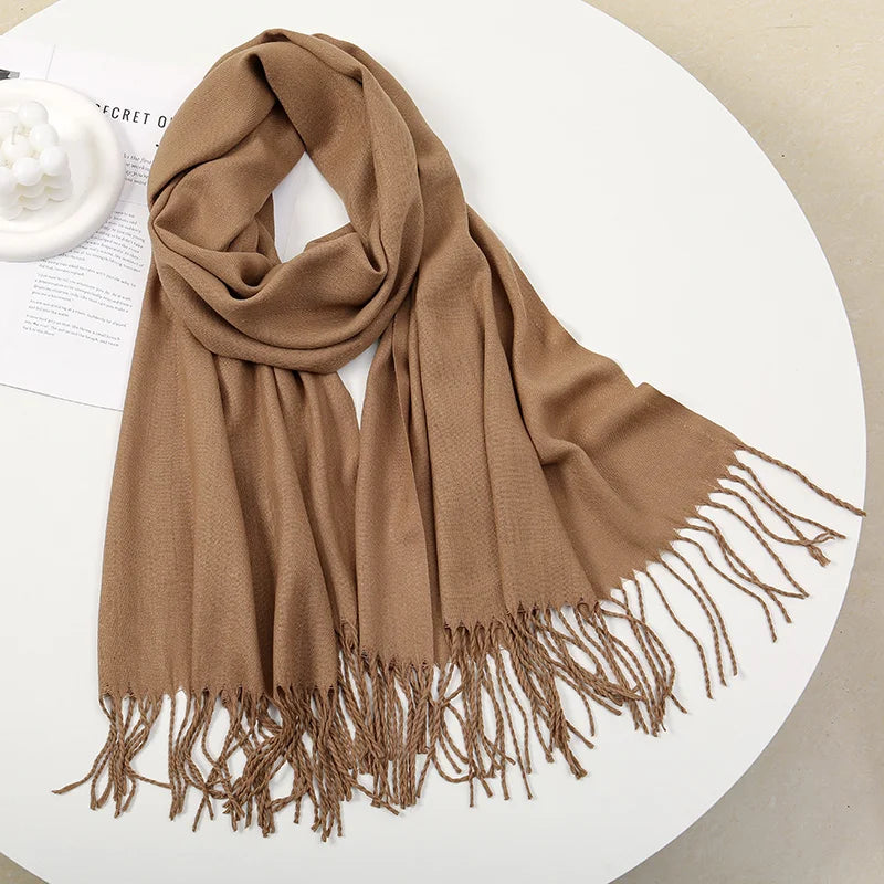 Solid Pashmina Scarf Tassel — Minimalist Cashmere-Feel Capsule Wardrobe Wrap for Women & Men — view 12 of scarves & wraps