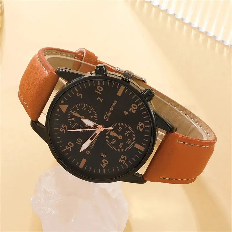 Men's Luxury Watch & Bracelet Gift Set — Fashion Business Brown Leather Quartz Wristwatch — view 5 of watches