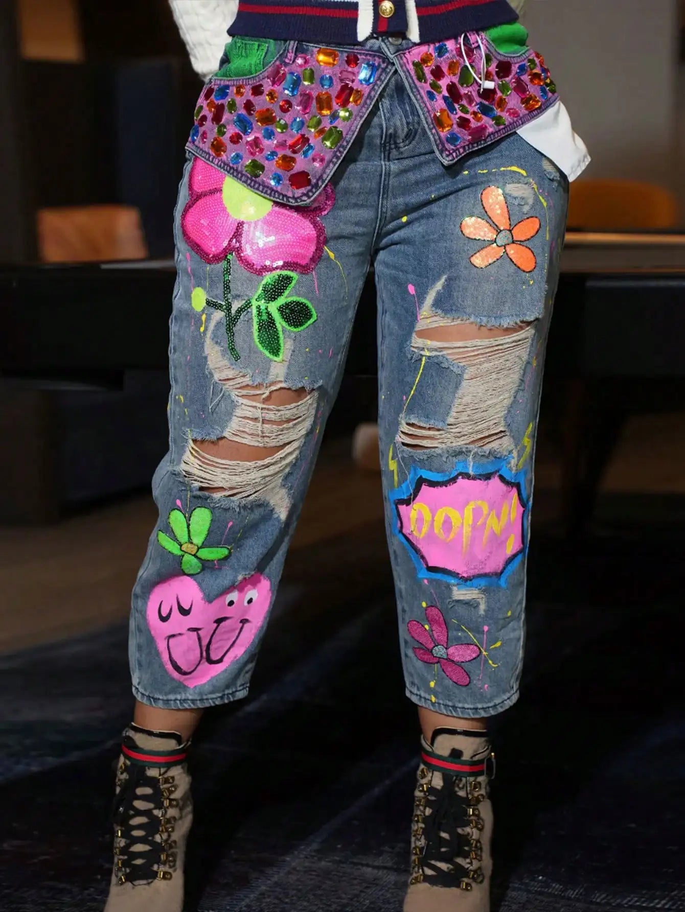 Rhinestone Graffiti-Print Distressed Jeans — Party Streetwear Statement Denim — detail view