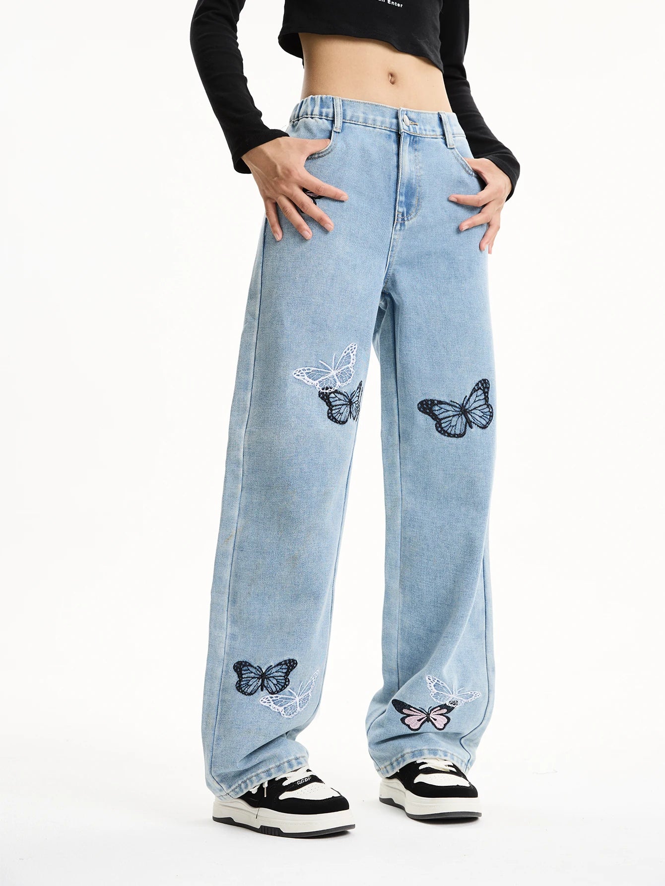 Girls' Y2K Butterfly Embroidered Wide-Leg Jeans — Loose Straight-Leg Denim — variant view 4