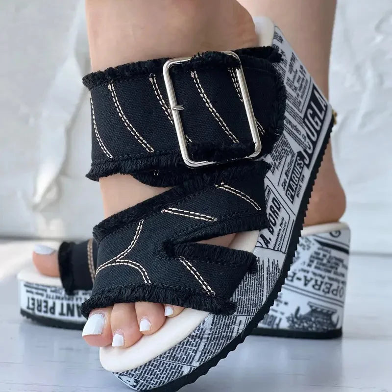 Sandals & Slides — Buckled Denim Platform Wedge Sandals, Y2K Vacation Slides — view 6 of sandals & slides