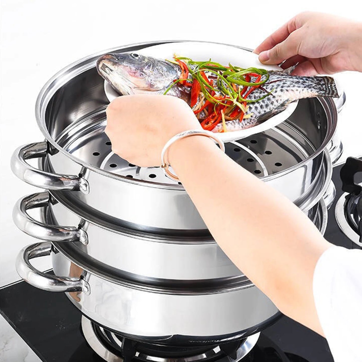 3-Tier 28cm Stainless Steel Steamer Pot Multi-Function Cooking Vegetable Seafood Dim-Sum Steamer wit