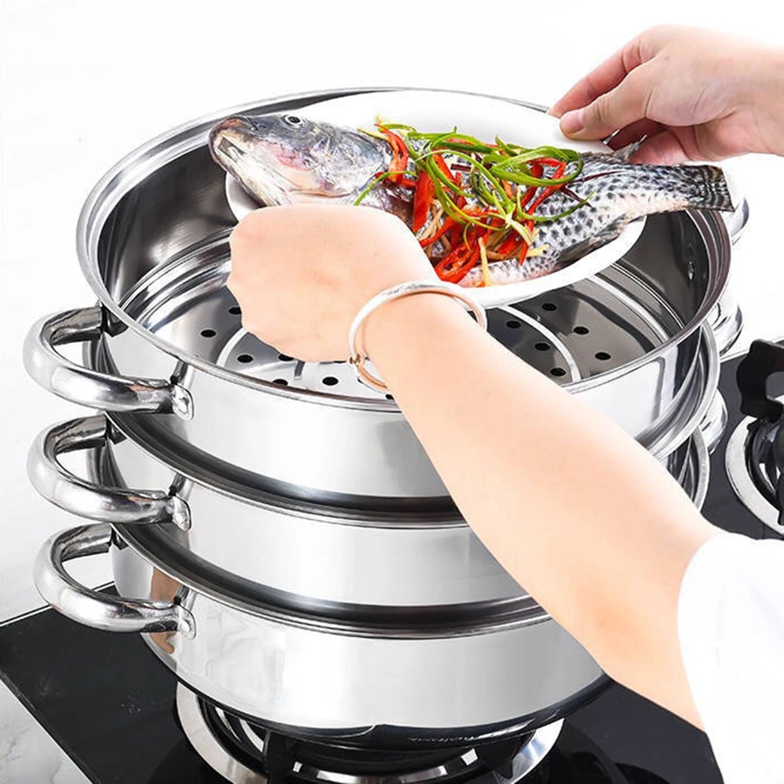 3-Tier 28cm Stainless Steel Steamer Pot Multi-Function Cooking Vegetable Seafood Dim-Sum Steamer wit