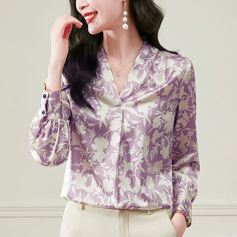 Real Silk Women's Satin Shirt Purple Black Blouses V-neck Elegant Shirts For Women Long Sleeve Tops Woman Floral Print Blouse