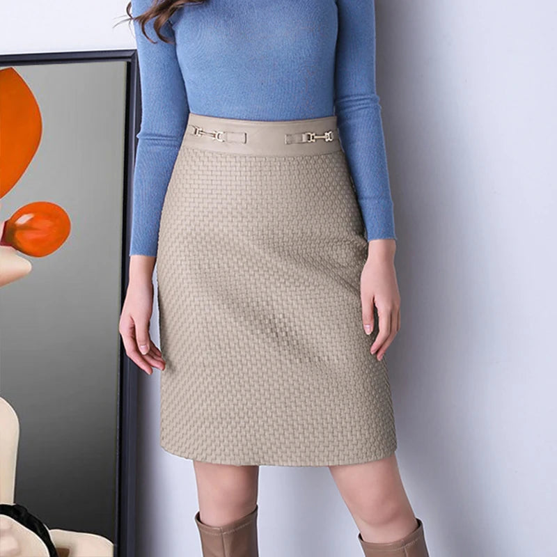 High Quality Leather Skirt Autumn Women Real Sheepskin Hand Woven High Waist Gold Buckle Slim Green/Coffee Wrap Hip Saia Midi