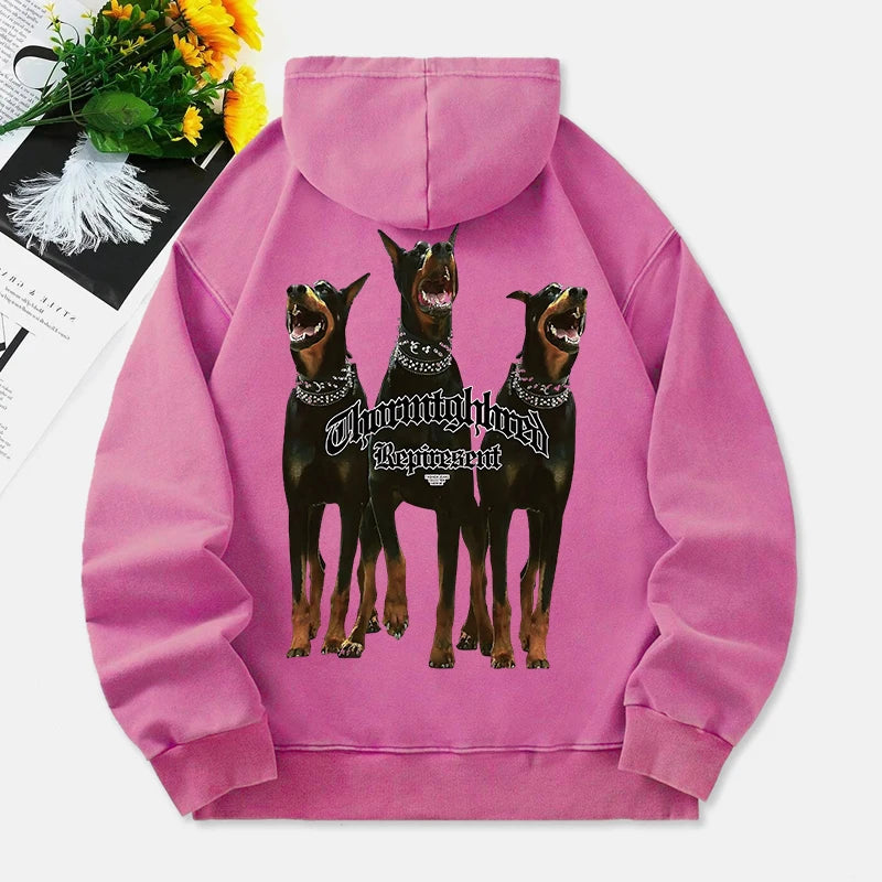 Doberman Pinscher Washed Hoodies Women 3 Dogs Printing Cotton Streetwear Oversize Pocket Warm Pullovers Winter Womans Clothes