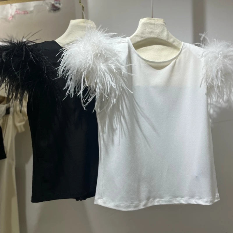 2024 New Women Fashion Clothing White Black Feather Decoration Short Sleeve O-Neck Casual High Quality Blosue Tops