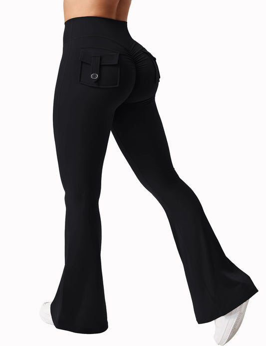 High-Waisted Yoga Flare Pants — Wide-Leg Tummy-Control Trousers with Pockets — view 1 of sports & fitness
