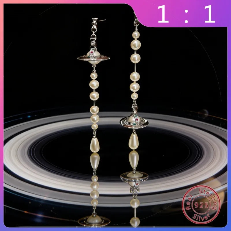 Pearl Saturn Earrings S925 Silver — Queen Retro Inverted European Drop Style — view 1 of earrings