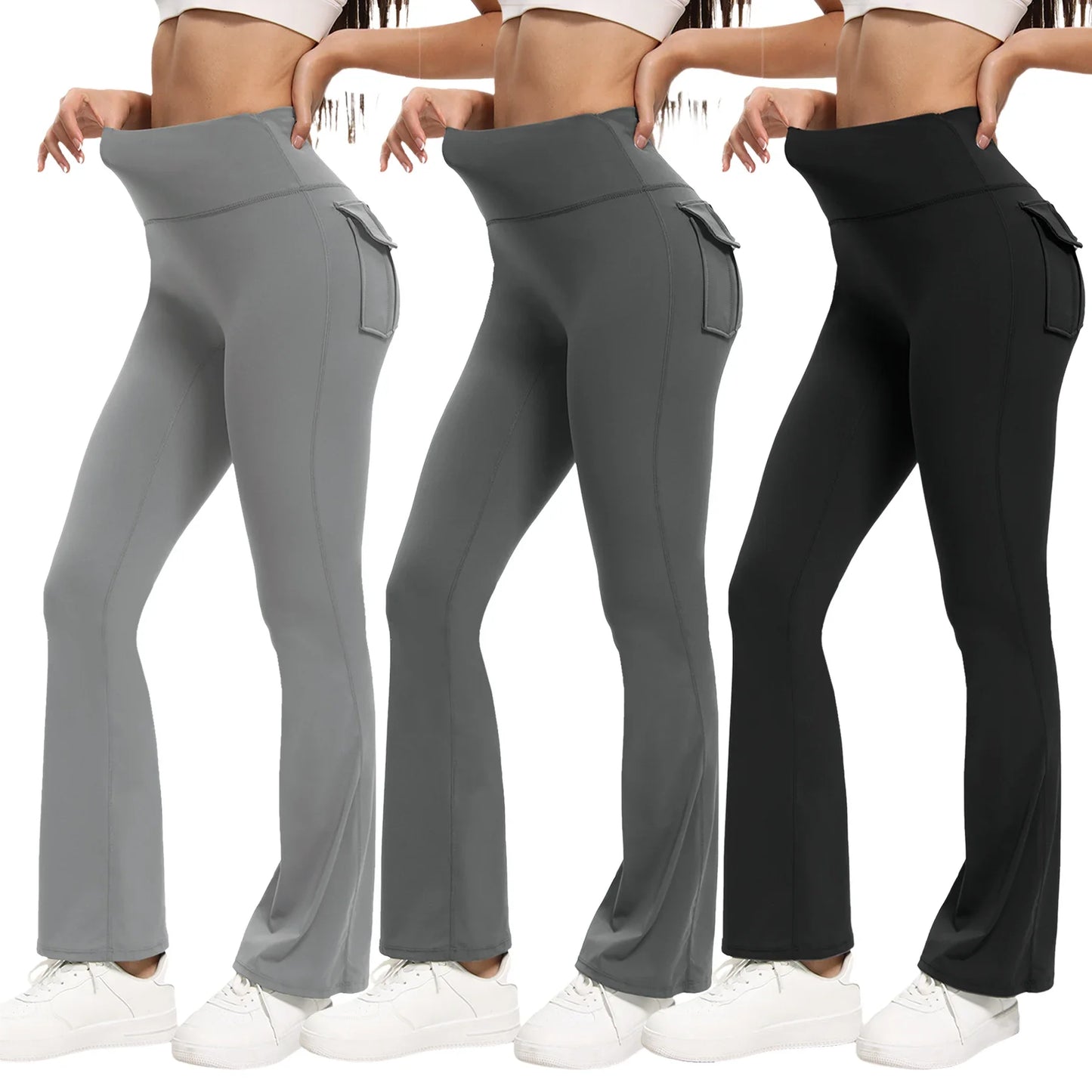 3-Pack Bootcut Yoga Pants with Pockets — Flared High-Waist Tummy-Control Leggings — view 3 of sports & fitness