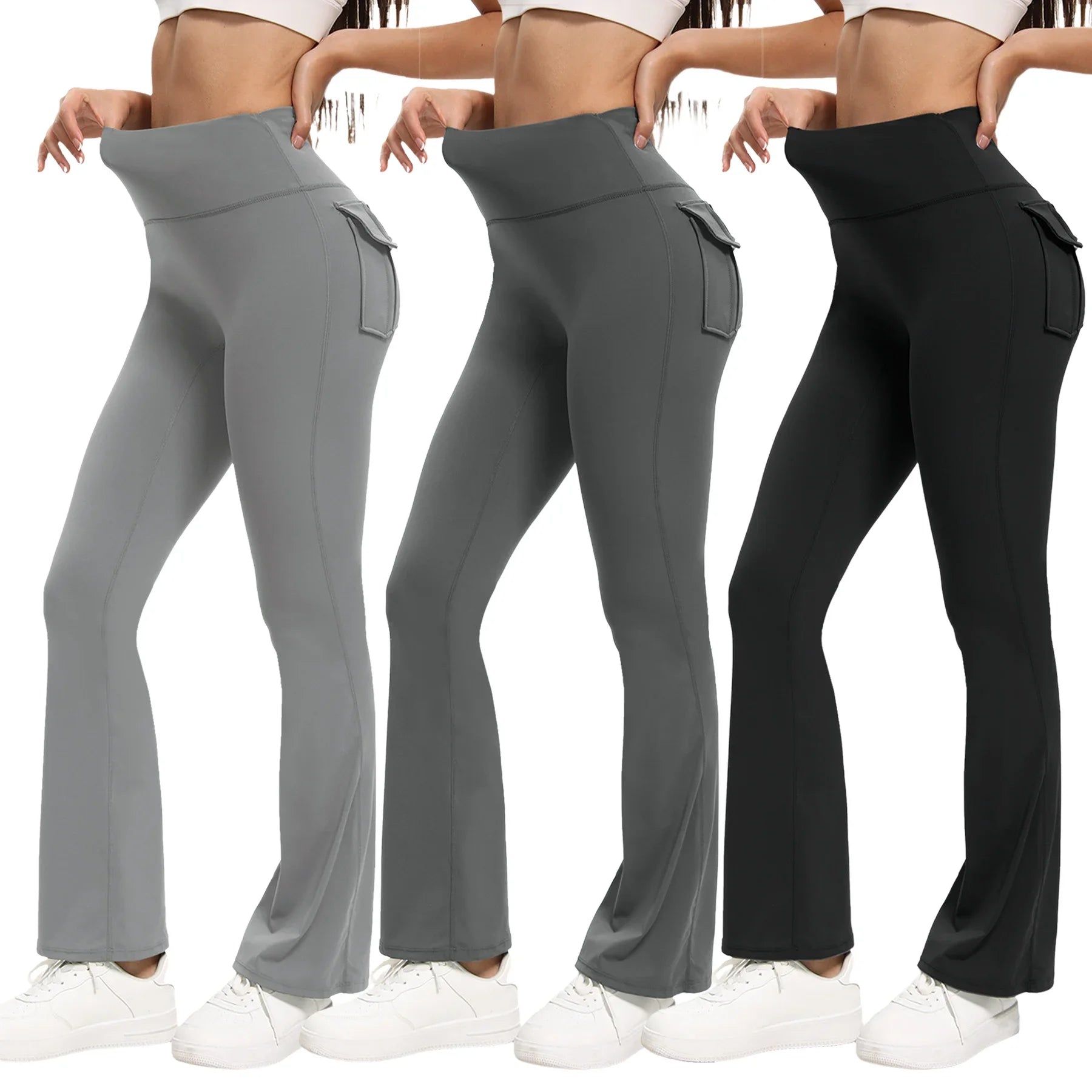 3-Pack Bootcut Yoga Pants with Pockets — Flared High-Waist Tummy-Control Leggings — view 3 of sports & fitness