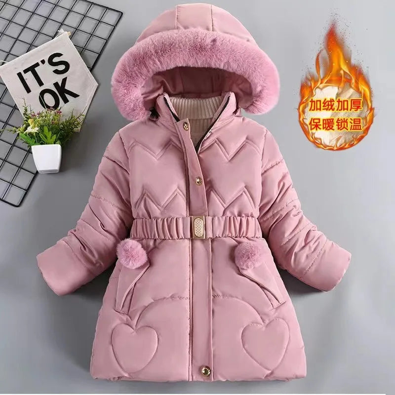 Winter Girls’ Hooded Fur Collar Coat – Warm & Thick Princess Jacket with Zipper (3-10 Years)