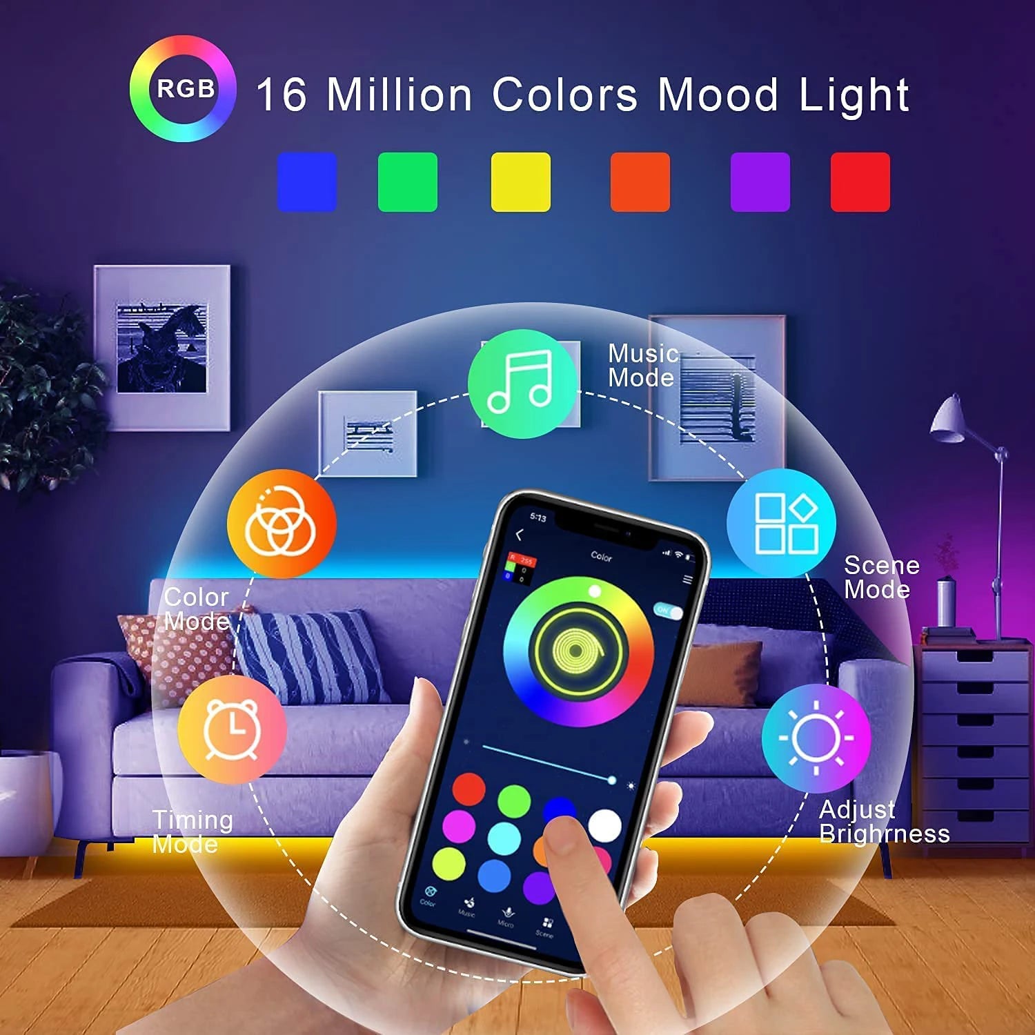 RGB LED Light Strip — USB Music-Sync Smart Ribbon with Bluetooth & Remote (5V) — view 3 of smart lighting