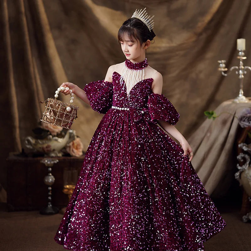 Wine Red Sequin Flower Girl Pageant Mermaid Dresses Long Puffy Prom Formal Birthday Party Dress Luxury Evening Shining Ball Gown