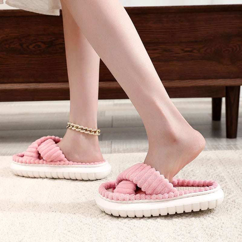 Women's Linen-Sole Home Slippers — Open-Toe Cross-Band Indoor Slides — view 3 of sandals & slides