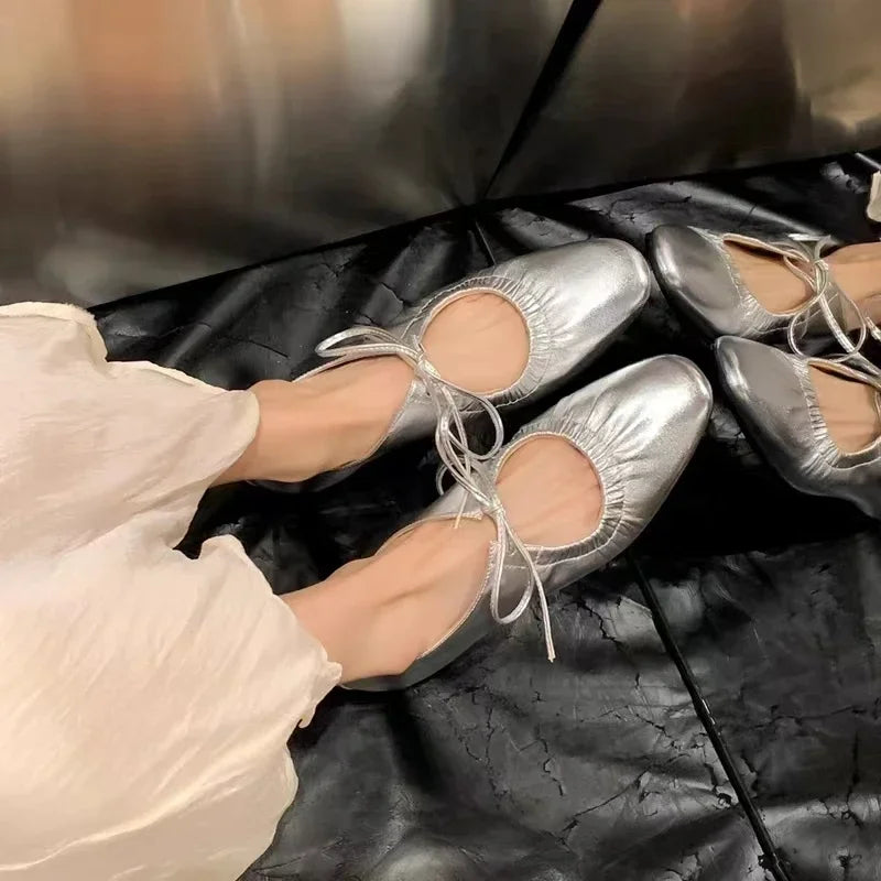 Flats & Ballet — Leather Metallic Ballet Flats, Silver Gold Bling Round-Toe Party Flats — view 2 of flats & ballet
