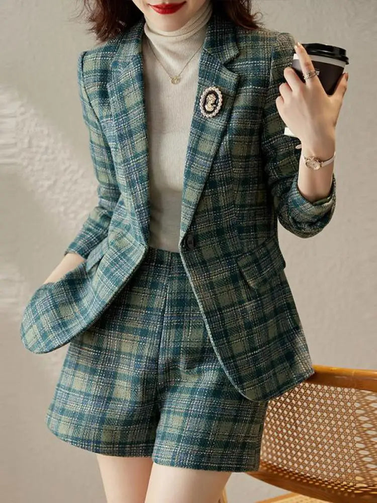 Autumn Winter Vintage Plaid Blazer Office Ladies 2 Piece Sets Korean Elegant Long Sleeve Suit Coat And High Waist Shorts Outfit