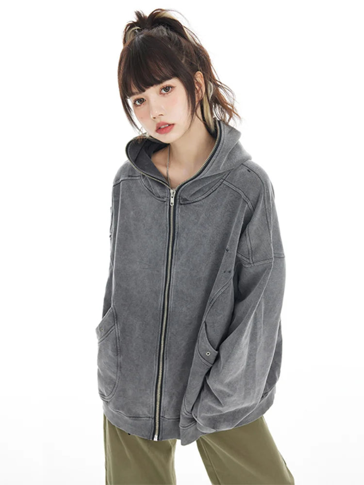 ADA girl Oversized Grey Zip Hoodie – Women’s Retro Streetwear Zipper Jacket