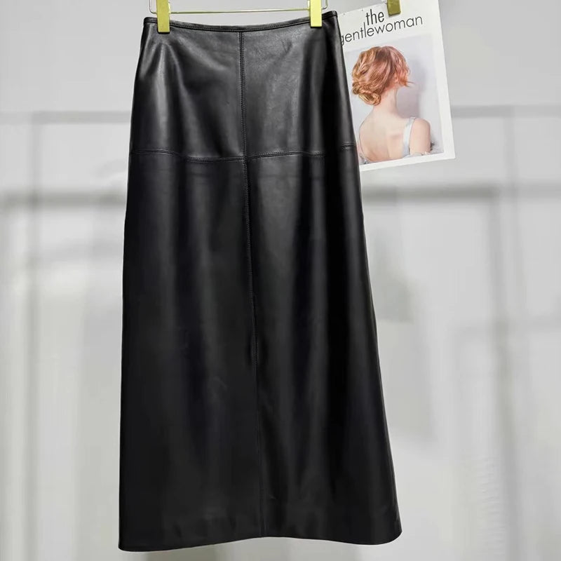 85 cm Long Ankle Length Leather Skirt for Women 100% Leather Straight Skirts Femme Casual Back Split Maxi Jupes Winter Clothing