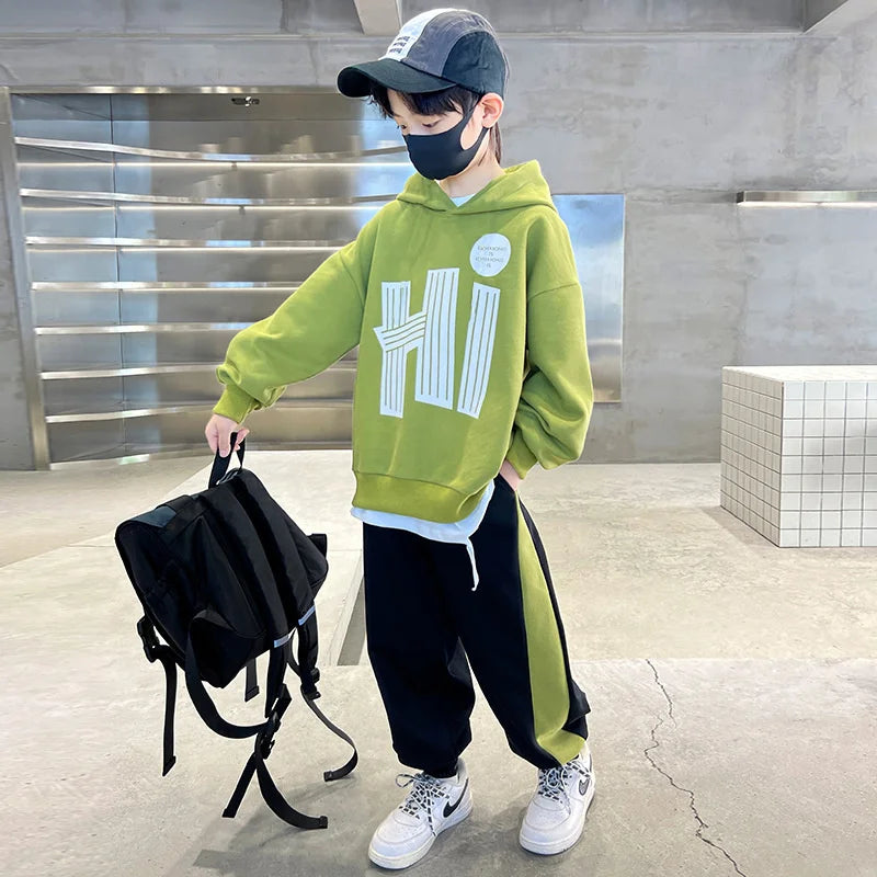 Boys Sweatshirt Suit 2024 New Autumn Spring Casual Sets Kids Handsome Fashion Clothes Teenager Hooded Trends Top Pants 2Pcs