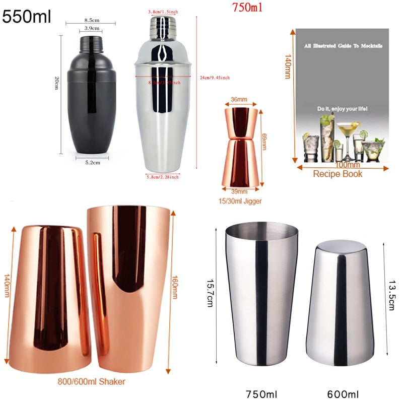 1-14 Pcs Stainless Steel Cocktail Shaker Set – 600ml/750ml Mixer for Drinks