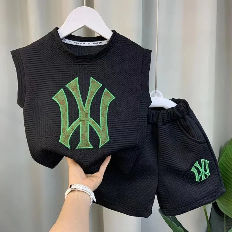 Summer Sport Casual Suit Baby Boys Clothes Kids Outfits Sleeveless T-Shirt Tops And Pants 2PCS Embroidery Clothing Girls Bebes