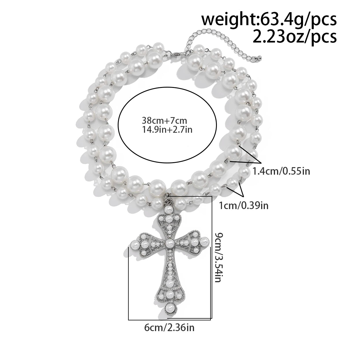 Pearl & Goth Cross Pendant Choker Necklace — Imitation Pearl Y2K Statement — view 4 of necklaces