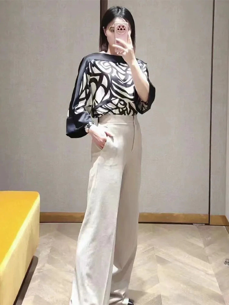 Women 100% Silk Blouse Abstract Printing Slash Neck Batwing Sleeve Loose Vintage Ladies Shirt 2024 Early Autumn