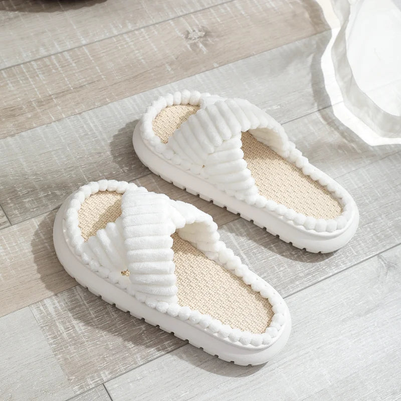 Women's Linen-Sole Home Slippers — Open-Toe Cross-Band Indoor Slides — view 5 of sandals & slides