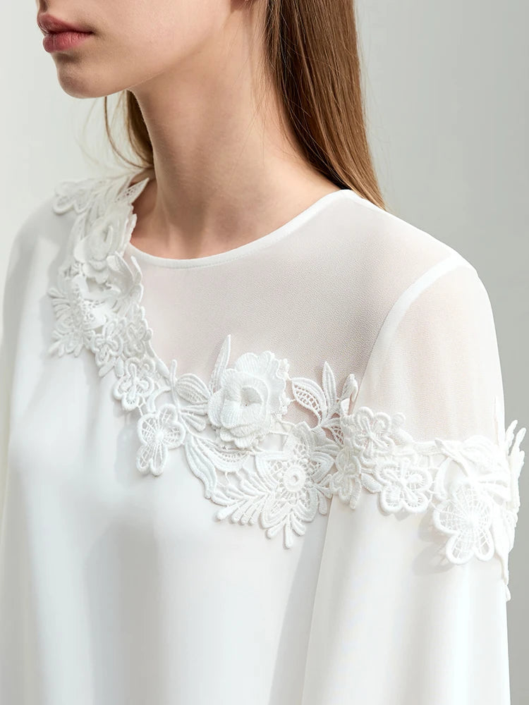 Amii Minimalism 2024 Women Blouse Spring New Elegant Lace Pearl Reveal Shoulder Strap Long-sleeved Chiffon Shirt Female 12441064