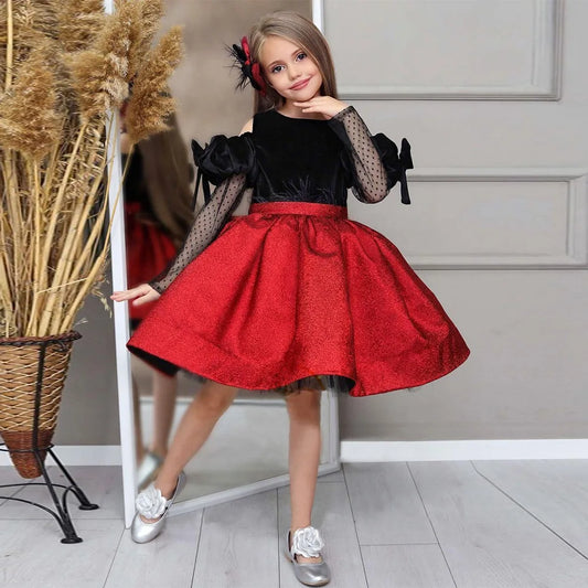 Girls Party Vintage Red Dress Children Evening Ball Gowns Kids Birthday Pageant Vestidos Infant Elegant Bridesmaid Dresses