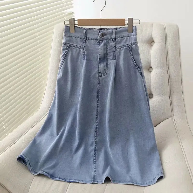 Semi-elastic high-waisted port flavor solid color Tencel denim skirt A-line skirt female summer