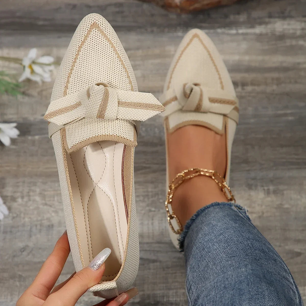 Flats & Ballet — Knit Pointed-Toe Quiet-Luxury Flats, Breathable Solid-Color Slip-Ons — view 7 of flats & ballet