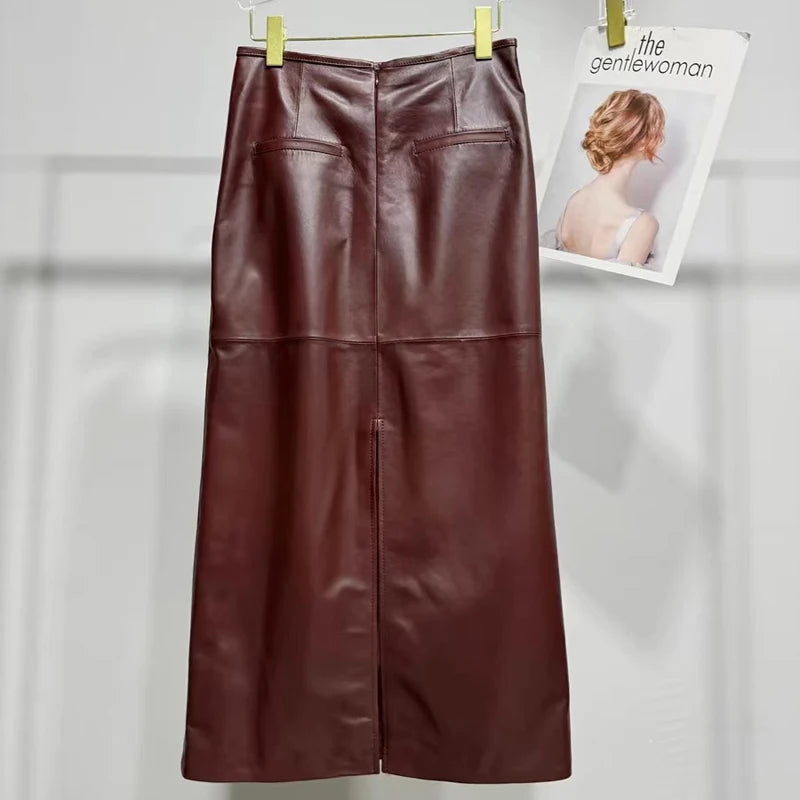 85 cm Long Ankle Length Leather Skirt for Women 100% Leather Straight Skirts Femme Casual Back Split Maxi Jupes Winter Clothing