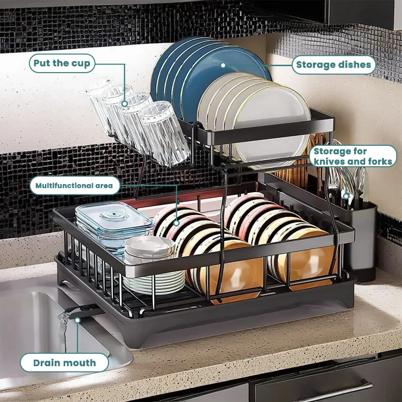 Large 2-tier dish drying rack for kitchen countertops, removable large-capacity dish draining rack — view 4 of product
