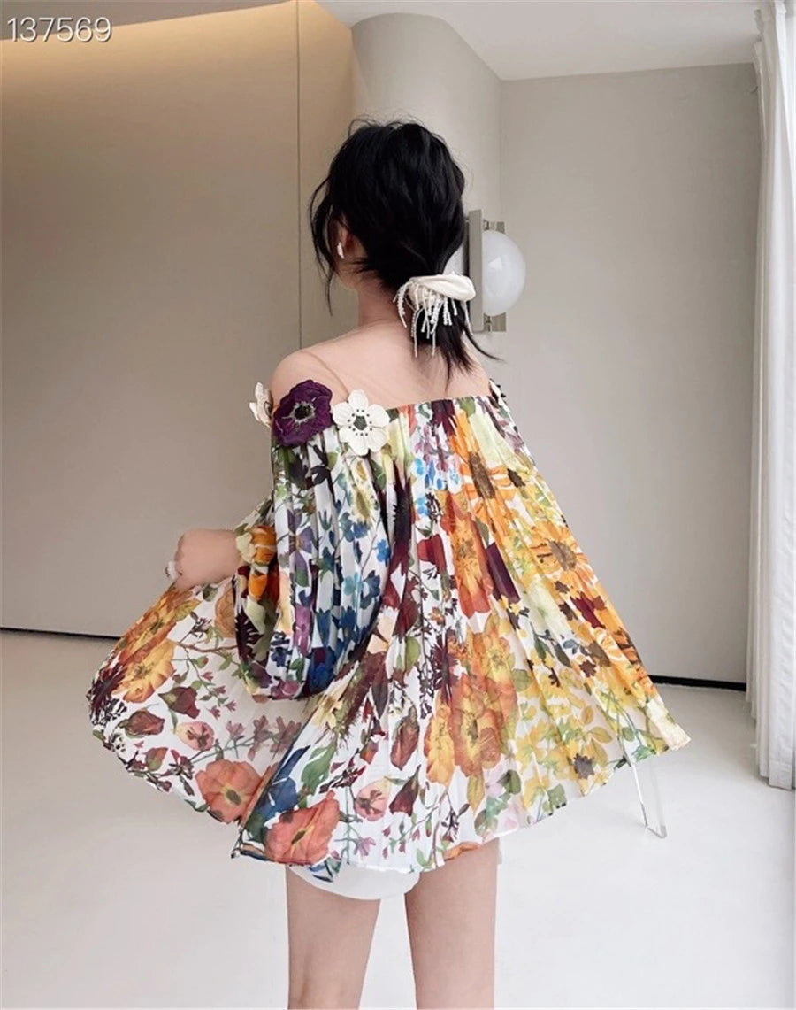 2024 Spring Women Top Patchwork Mesh Off Shoulder Printed Blouse Three-dimensional Flower Fashion Draped Loose Shirt