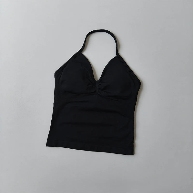 Longline Strappy Yoga Tank &mdash; Seamless Ruched Backless Gym Vest with Built-In Bra — view 12 of sports bras
